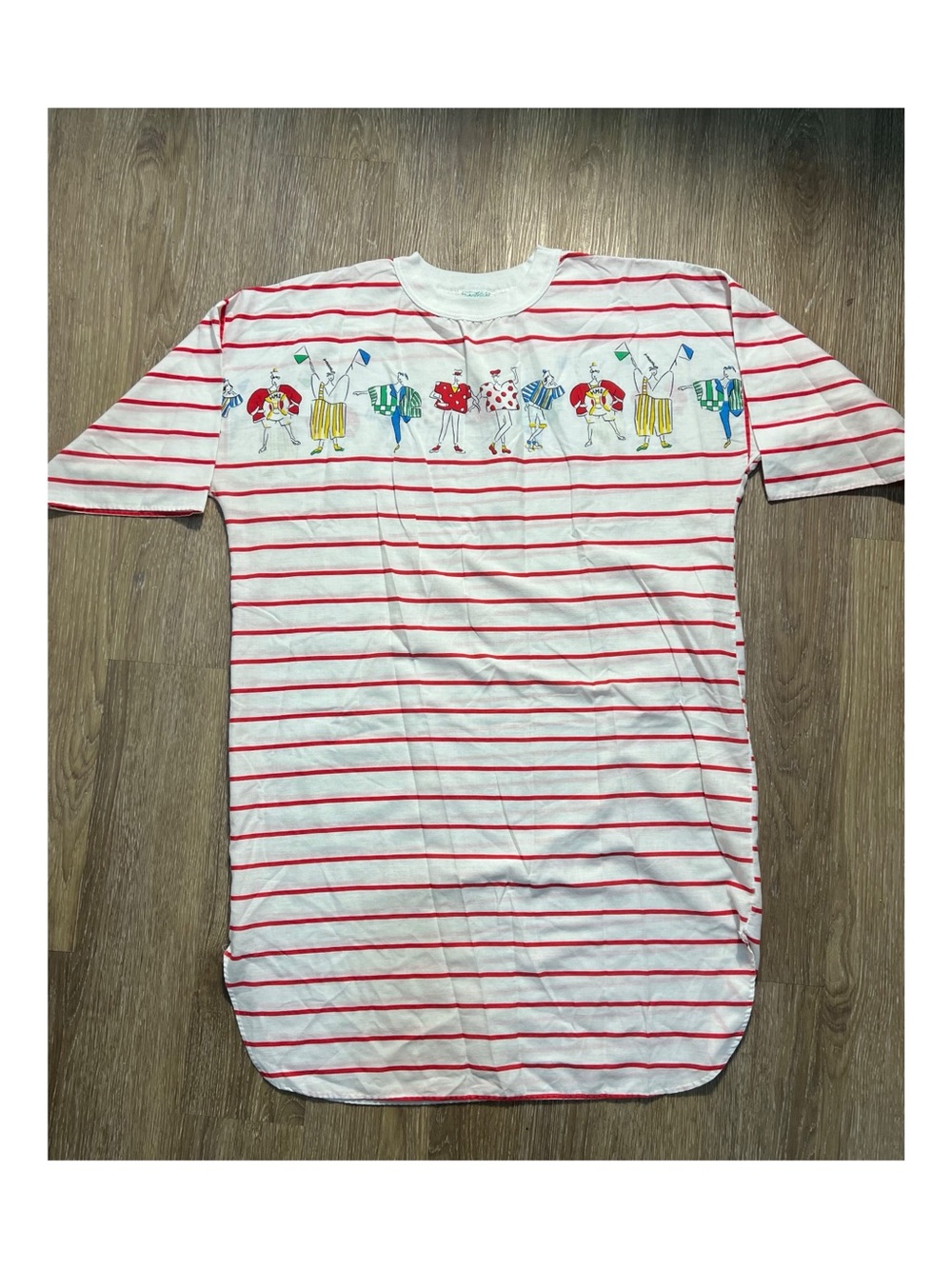 Vintage 80s Red-Striped Cotton Sleep Shirt with Playful Print